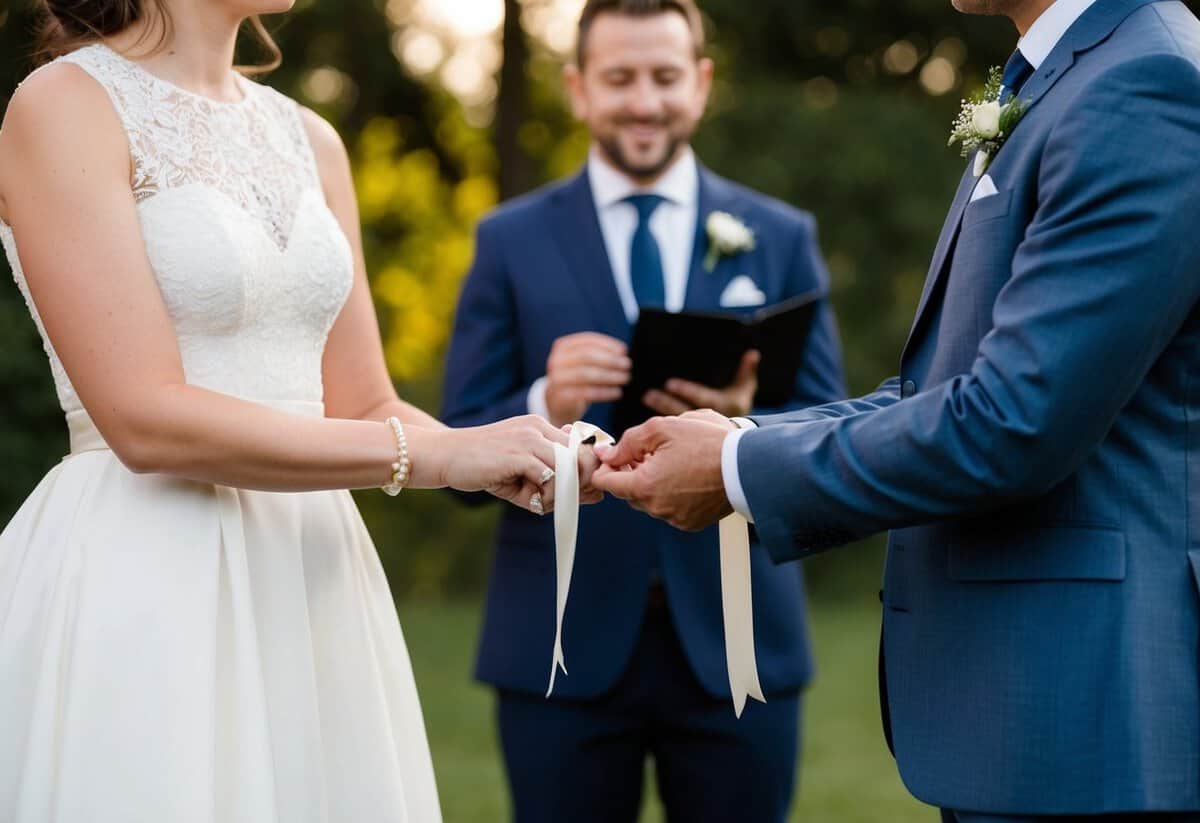A couple stands before a celebrant, each holding a ribbon. The celebrant binds their hands together in a symbolic gesture of unity