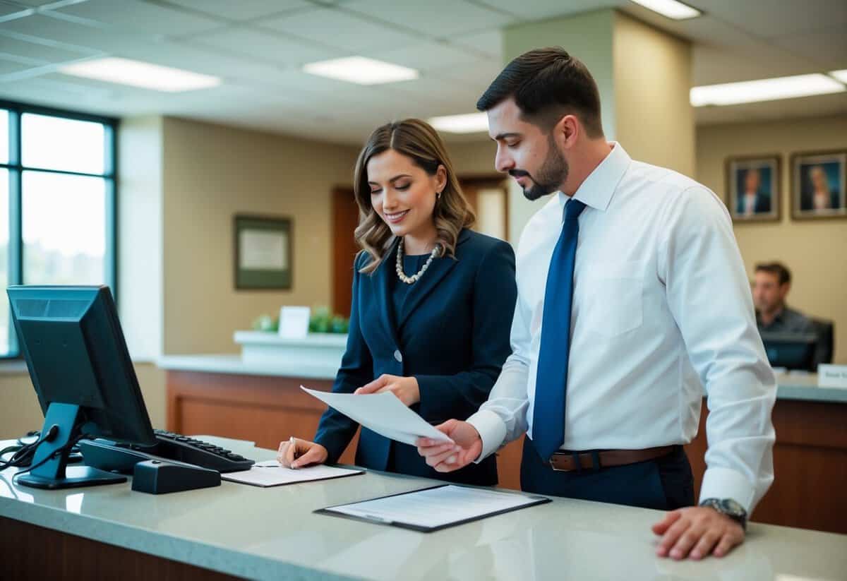 A couple stands at a government office counter, discussing marriage paperwork with a clerk