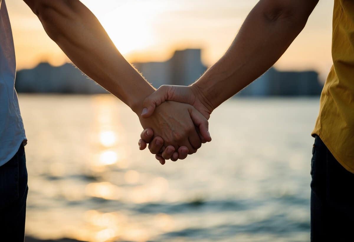 Two figures facing each other, their hands reaching out and intertwining in a gesture of unity and connection