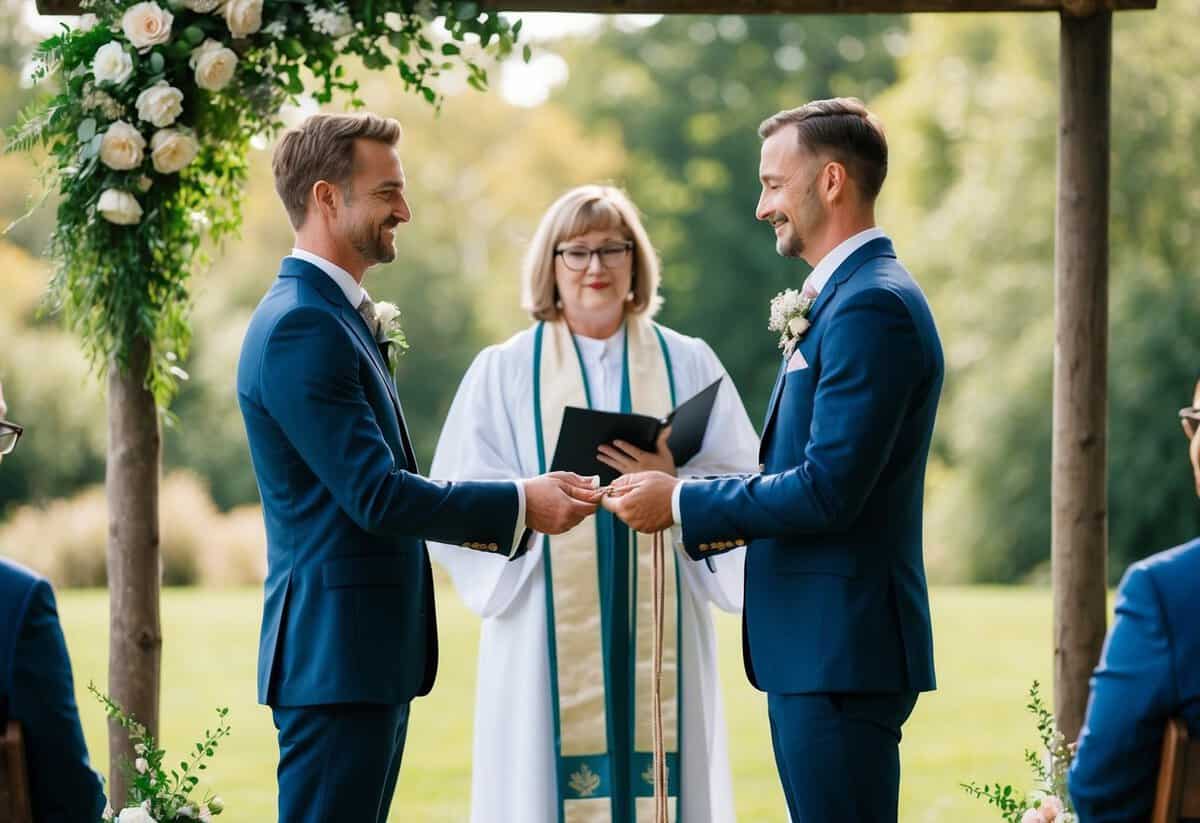 A couple stands before a celebrant, exchanging vows and binding their hands with a cord, surrounded by nature
