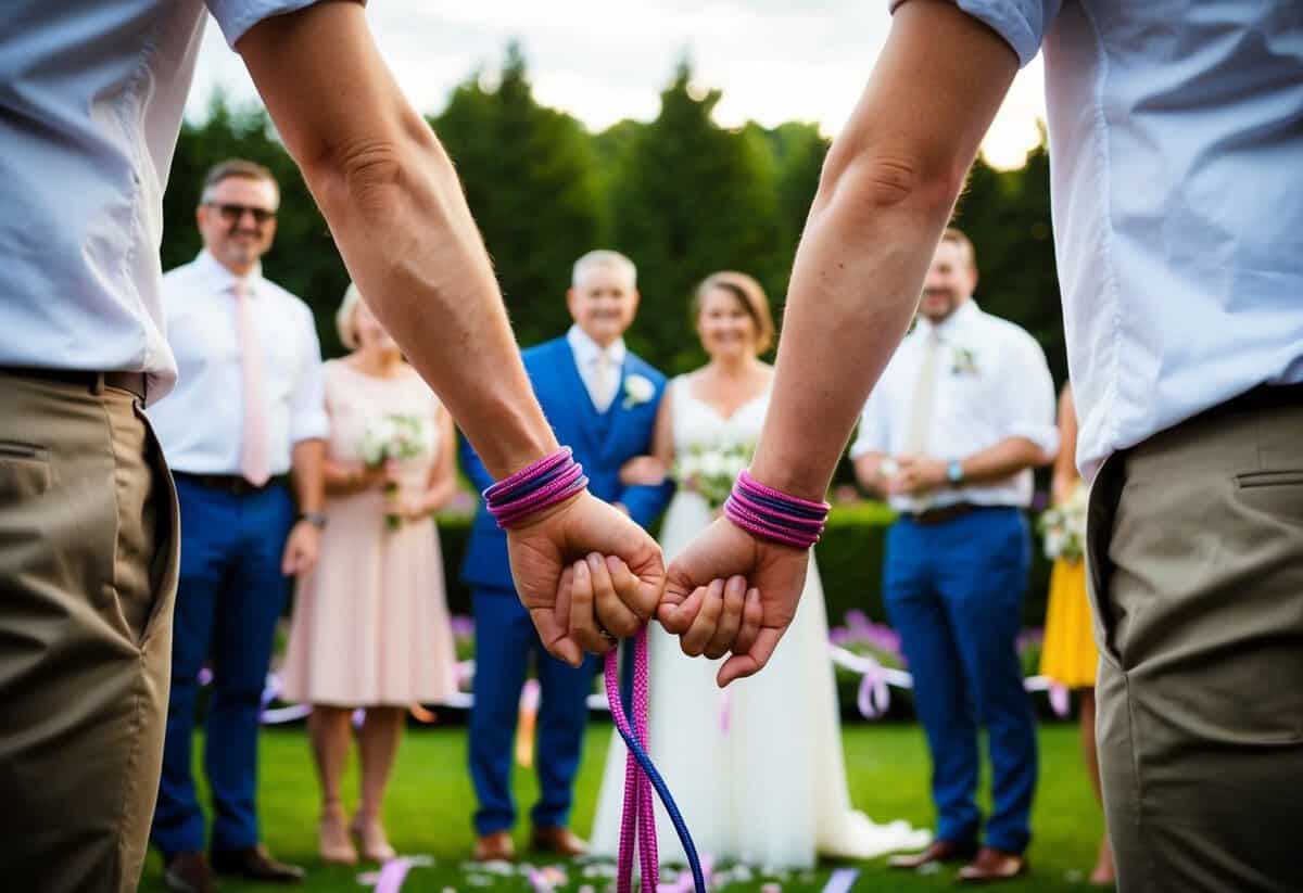 A couple stands facing each other, their hands bound together with a colorful cord. They are surrounded by friends and family in a beautiful outdoor setting, with flowers and ribbons decorating the area