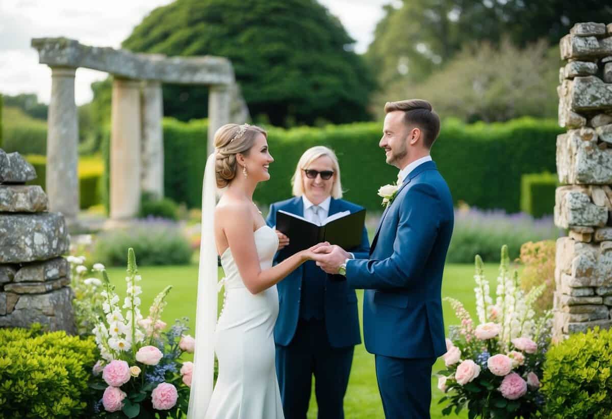 A celebrant officiates a handfasting ceremony in a lush garden, surrounded by blooming flowers and ancient stone ruins