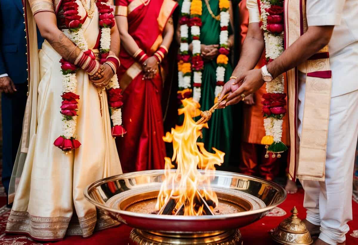 A bride and groom stand before a sacred fire as a priest performs a traditional Hindu wedding ritual
