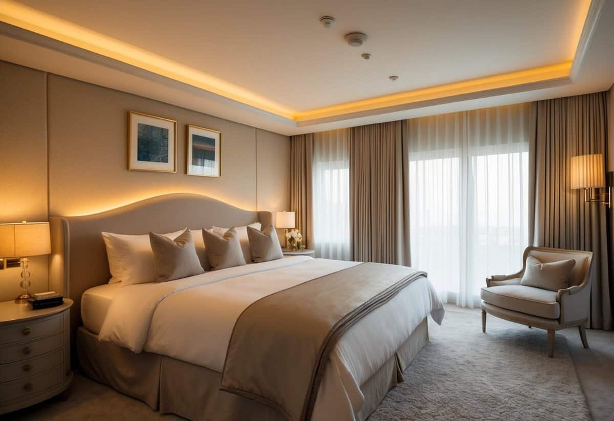 A cozy bedroom with a large, romantic bed adorned with soft, luxurious linens and warm, ambient lighting