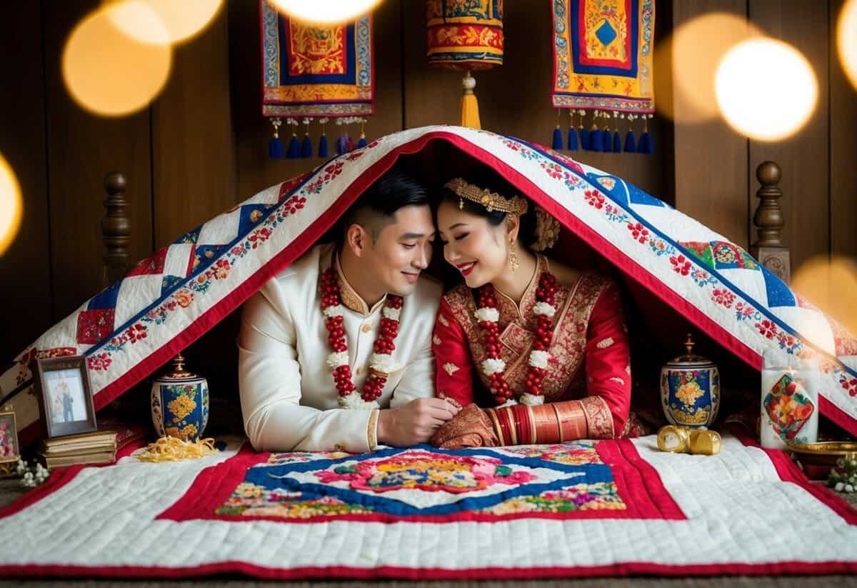 A newlywed couple nestled under a traditional wedding quilt, surrounded by symbolic objects and decorations from their cultural heritage