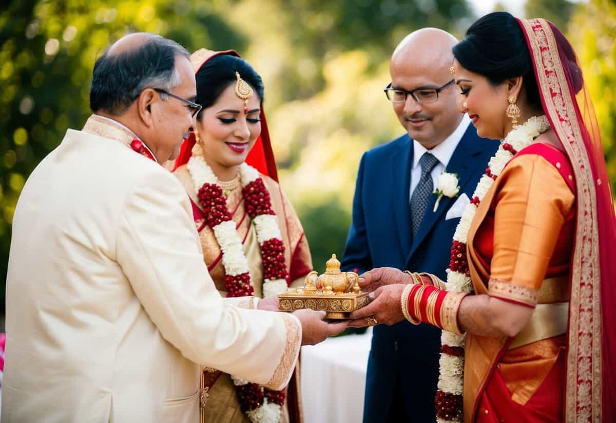 A bride's parents offering a sacred symbol to the groom