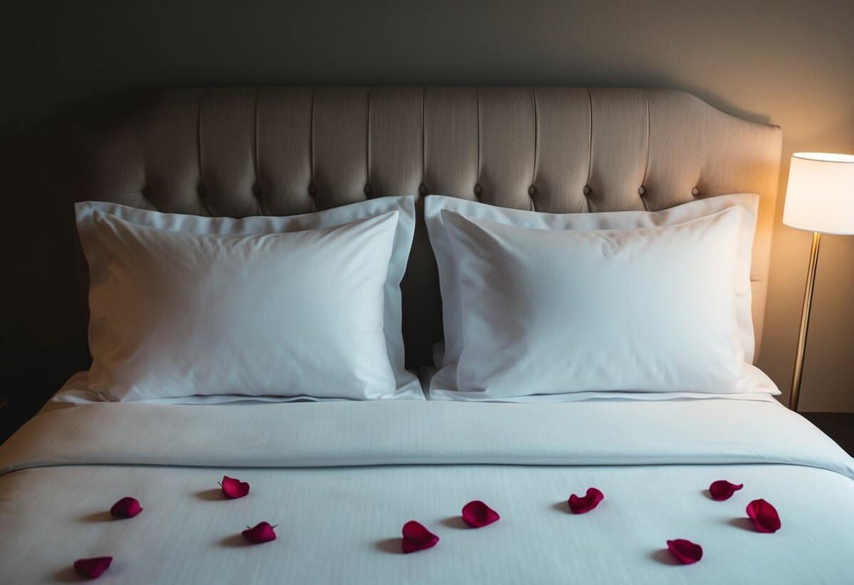 A neatly made bed with two sets of pillows and a soft, romantic ambiance with dim lighting and scattered rose petals