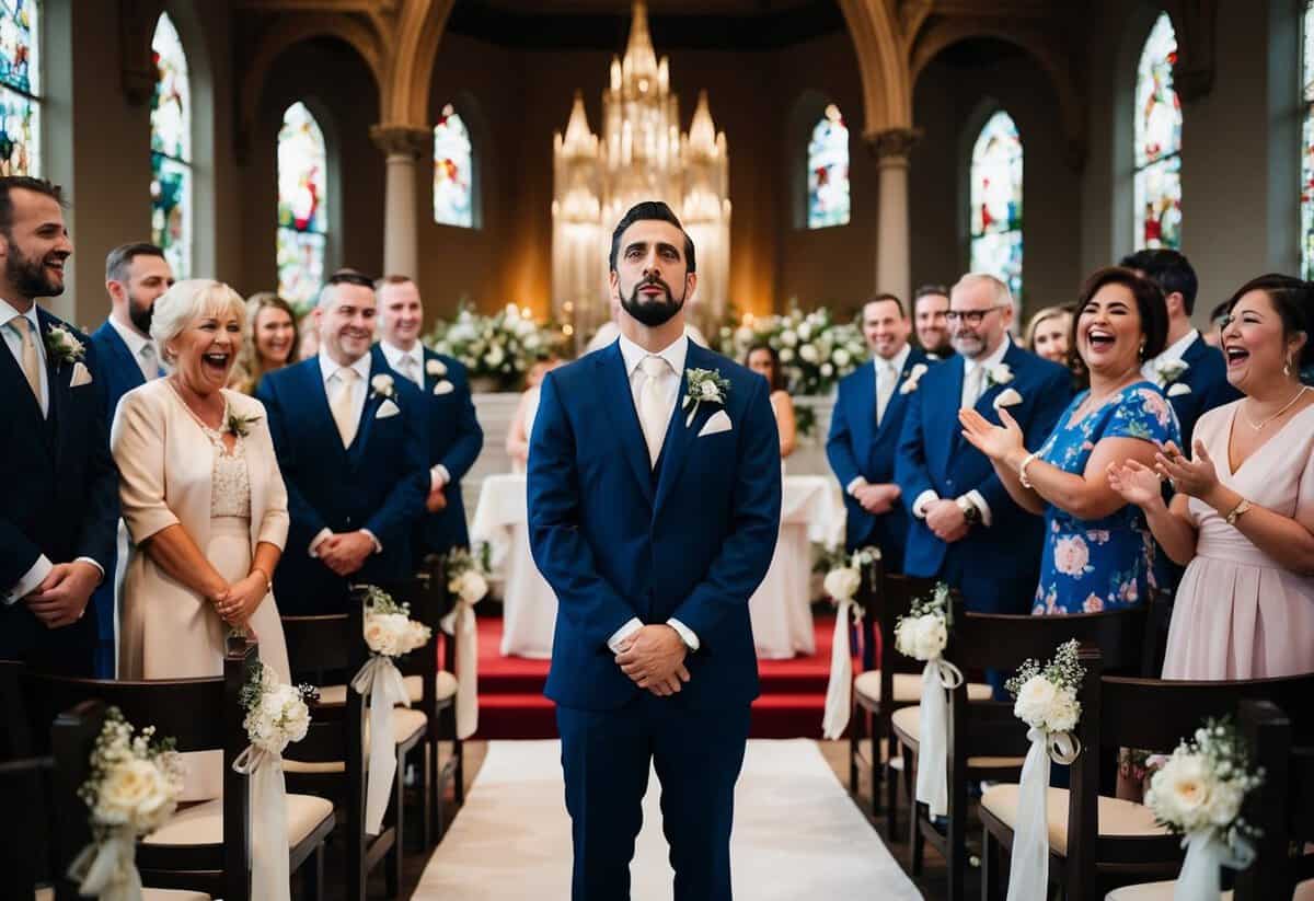 A groom stands stoically at the altar, surrounded by joyful guests and a beautiful wedding setting, yet no tears fall from his eyes