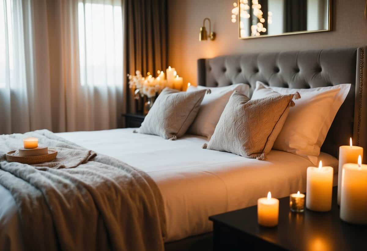 A cozy bedroom with a large, inviting bed adorned with soft, luxurious linens and a warm, romantic ambiance created by soft lighting and flickering candles