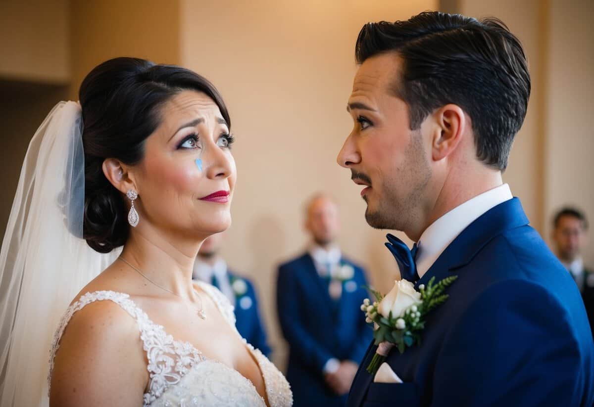 A woman in a wedding gown, tears in her eyes, looking at her husband with a puzzled expression as he remains stoic
