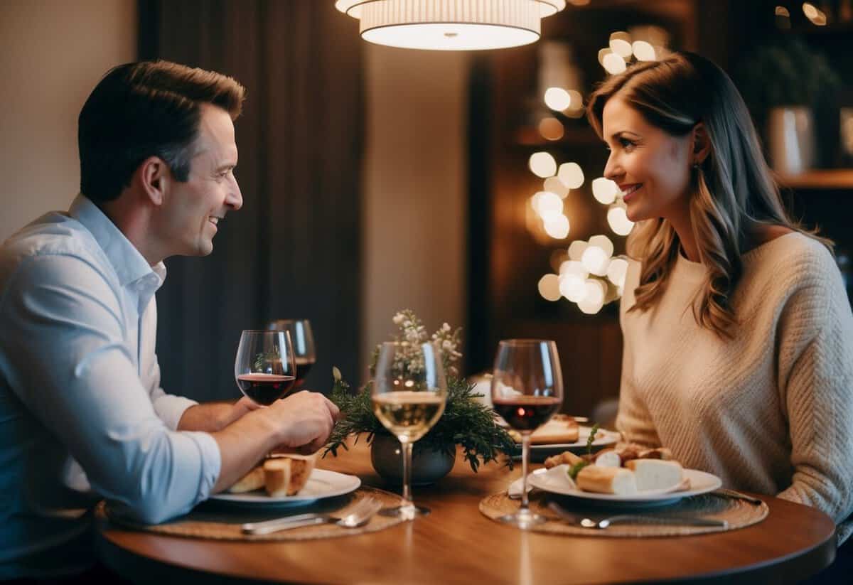The wife sits on the right side of her husband at a cozy dinner table