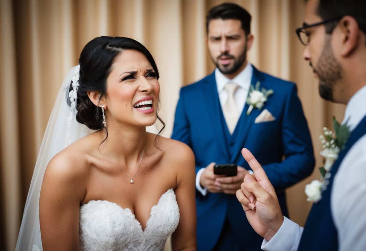 A bride with a pained expression as someone speaks inappropriately to her on her wedding day