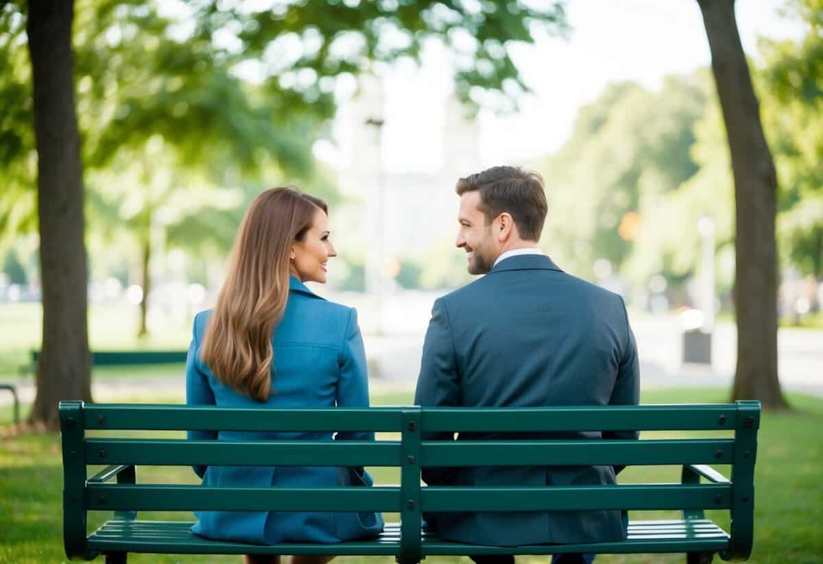 A modern couple sitting on a park bench, facing each other, with the wife on the left side of her husband