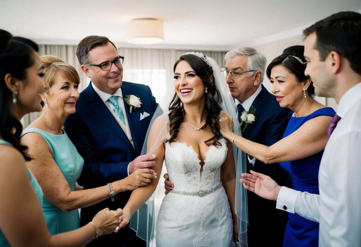 A bride surrounded by family and friends, smiling and getting ready for her wedding. A person is about to say something inappropriate, but others are gently guiding them away