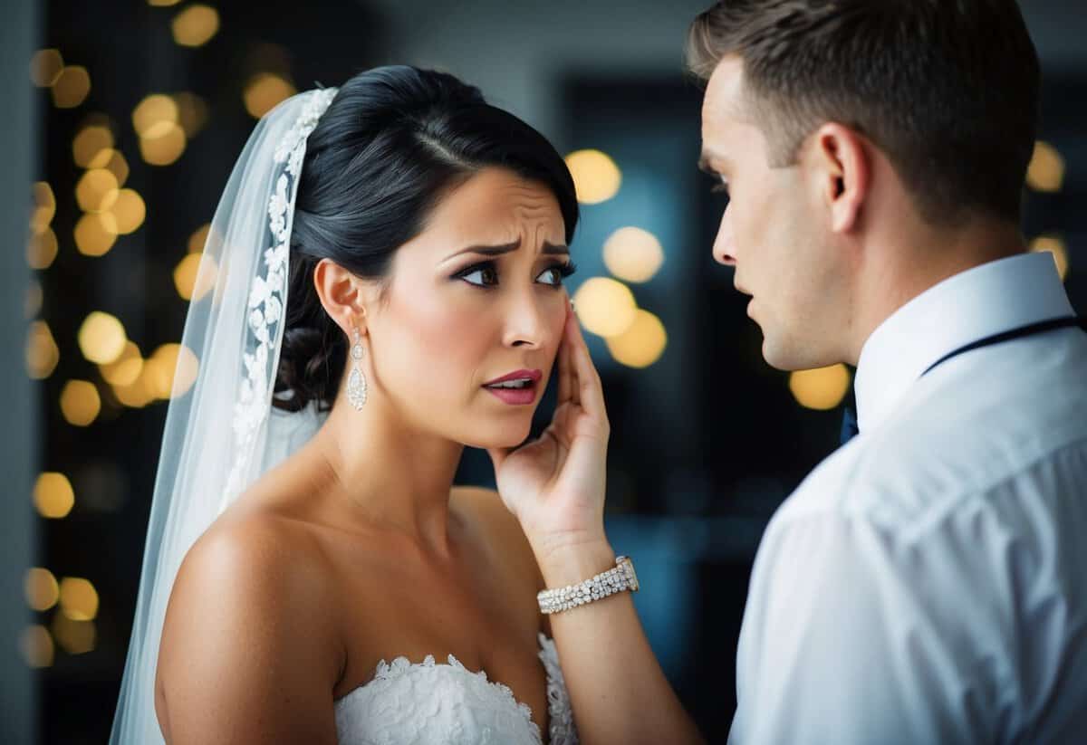 A bride looking upset while a person speaks to her with a concerned expression