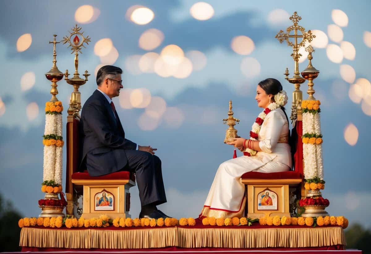 The husband sits on a raised platform, adorned with religious symbols. The wife sits to his right, holding a ceremonial object
