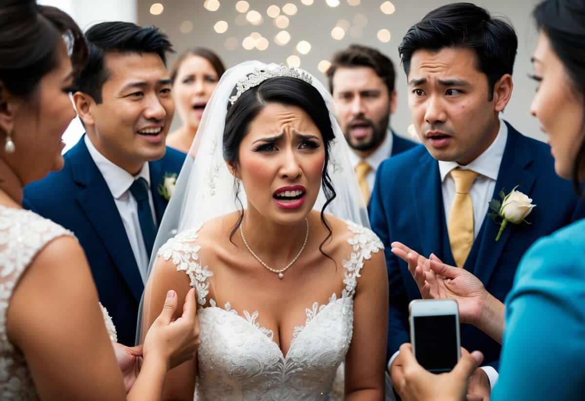 A bride with a distressed expression, surrounded by well-wishers, while someone makes an inappropriate comment