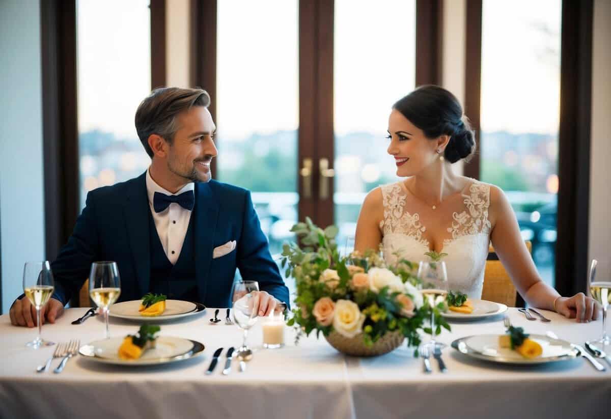A dining table with a husband and wife seated, with the wife positioned to the right of her husband according to social etiquette