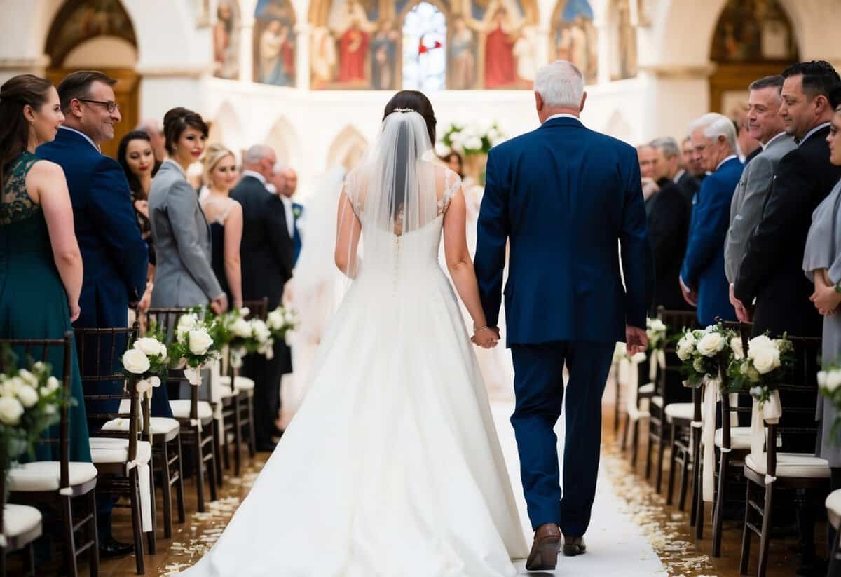 The father of the bride walks on the left side of the aisle, leading his daughter towards the altar