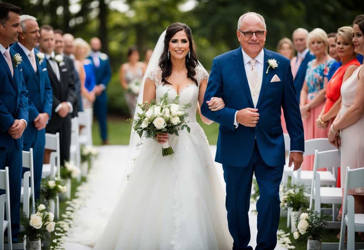 The father of the bride walks on the left side, guiding his daughter down the aisle with a proud and supportive demeanor