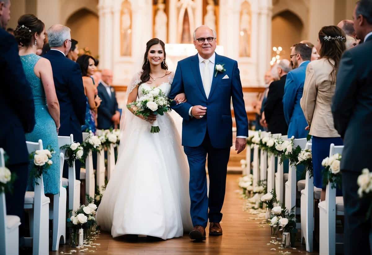 The father of the bride walks on the left side of the wedding processional, leading his daughter towards the altar