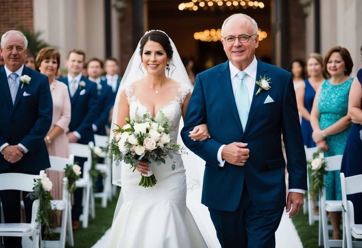 The father of the bride walks on the left side, escorting her down the aisle