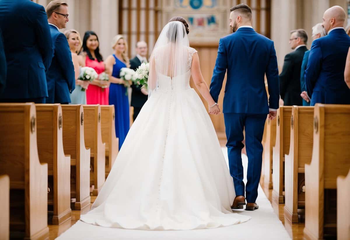 The bride stands on the left side of the aisle, walking towards the groom on the right side
