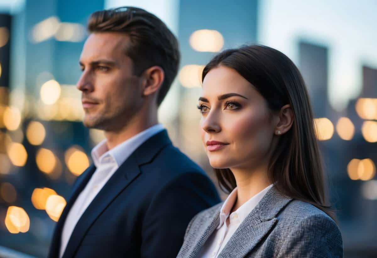 A woman stands on the left of a man, facing forward