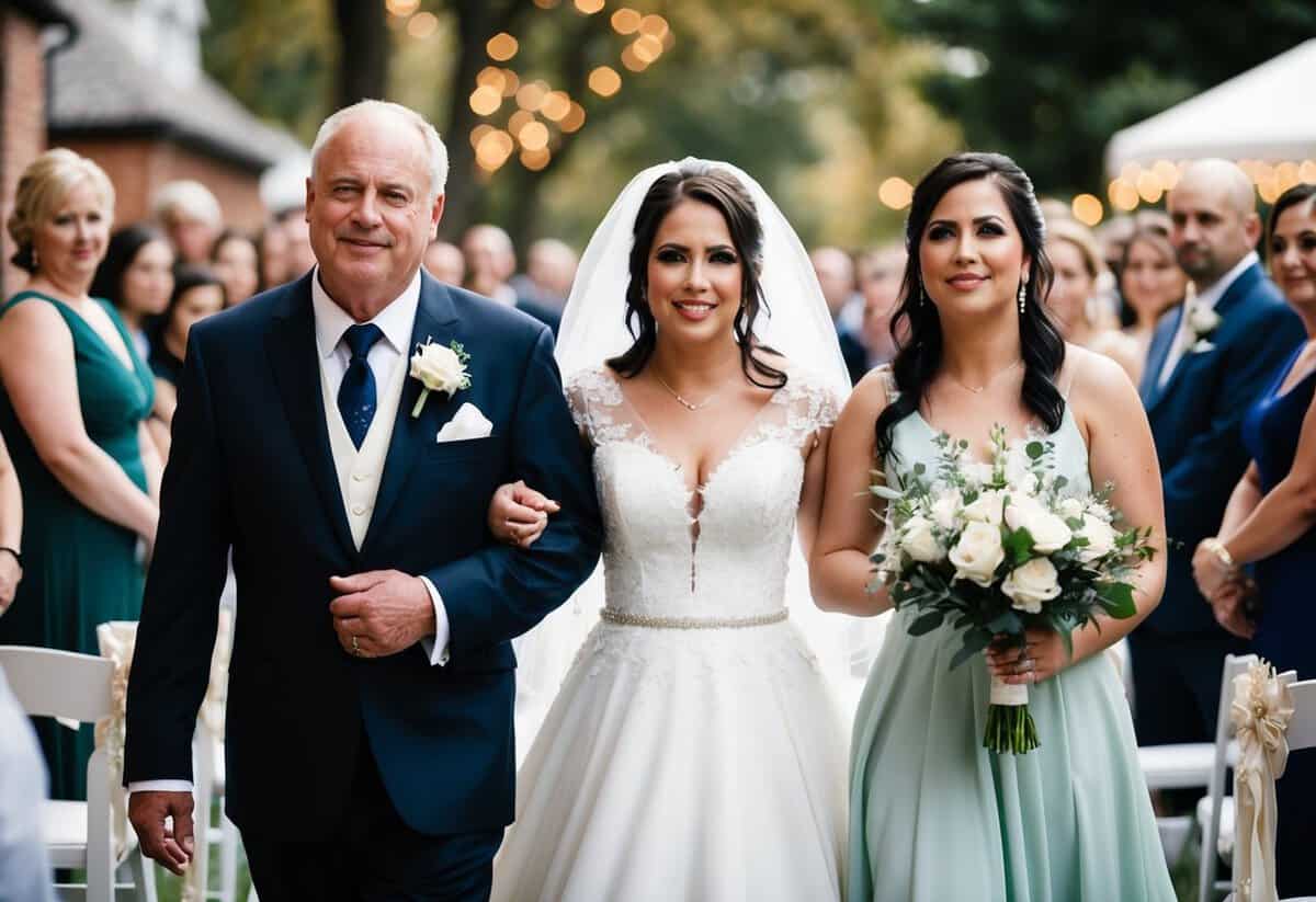 The father of the bride walks on the left side, guiding his daughter down the aisle, with a proud and supportive expression on his face
