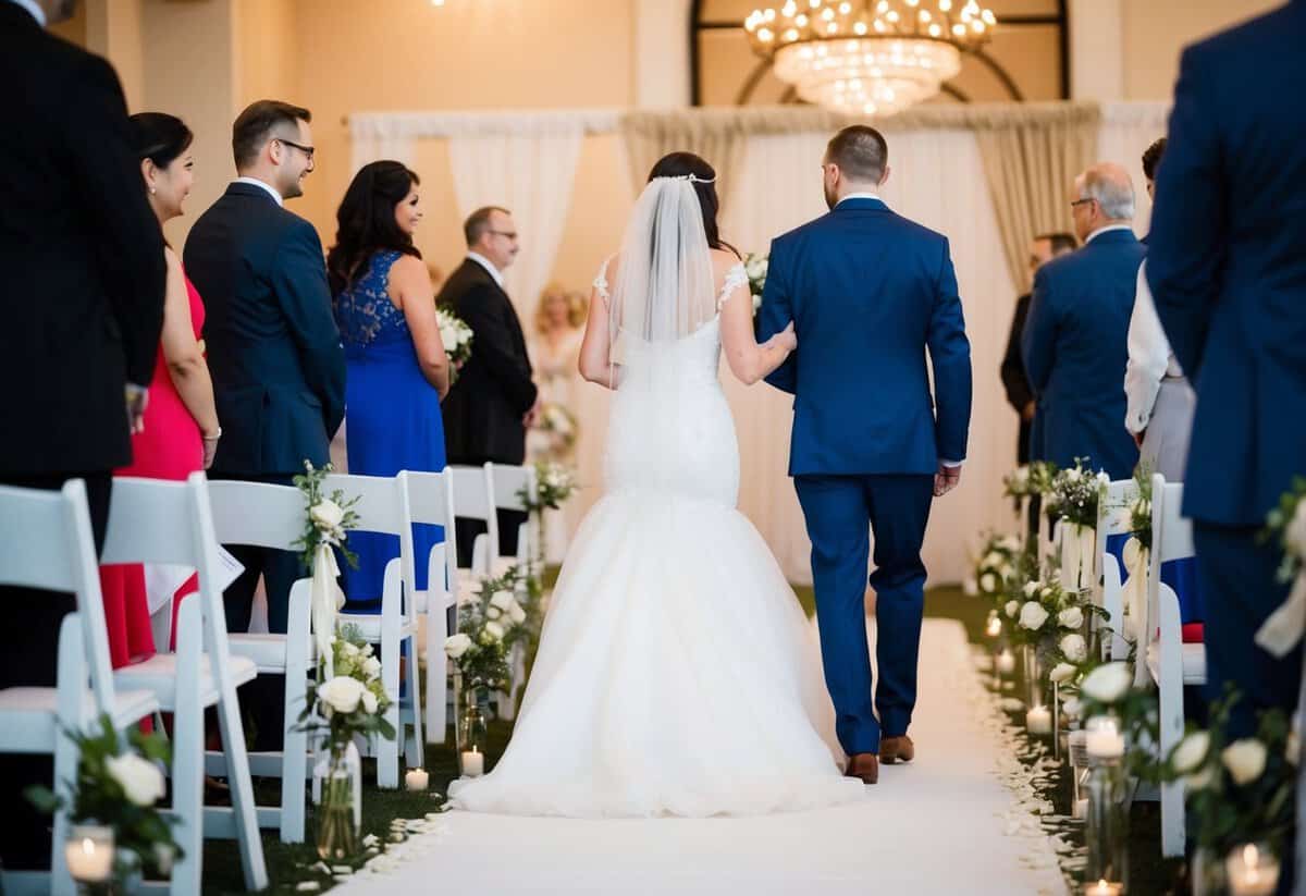 The bride stands on the left side of the aisle, walking towards the groom on the right side