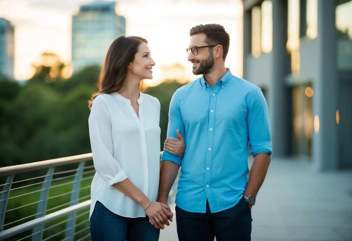 A modern couple stands side by side, the wife positioned to the left of her husband, symbolizing equality and partnership