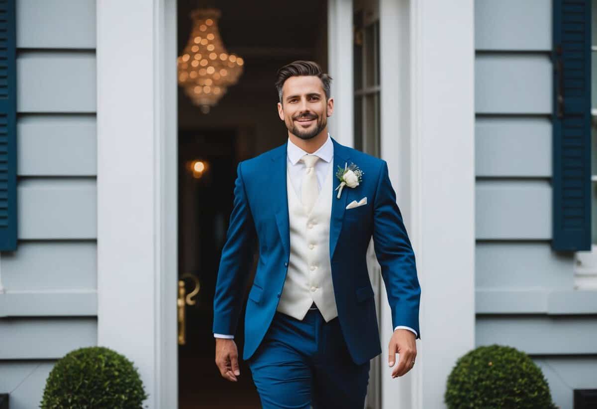 The groom exits the building, standing tall and confident