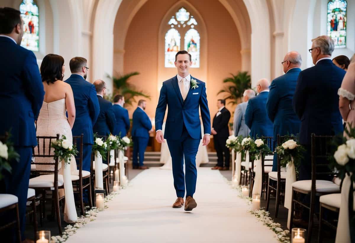 The groom leads the wedding processional, walking with confidence and anticipation towards the altar