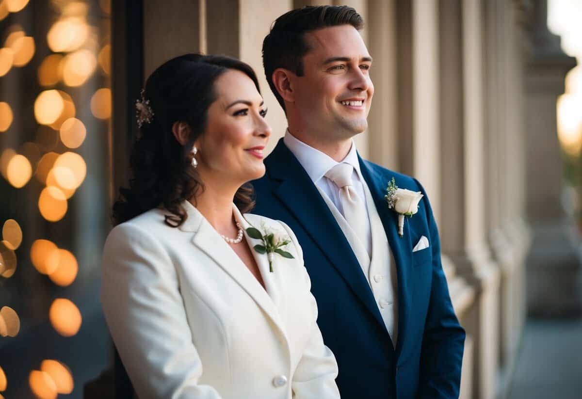 Two figures in formal attire stand beside the groom