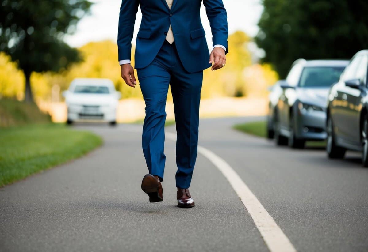 The groom strides confidently ahead, leading the way with purpose