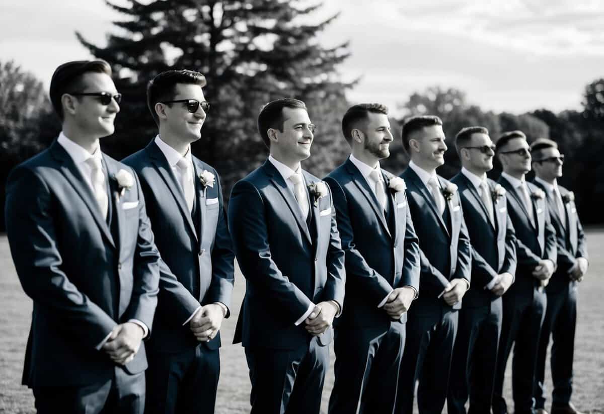 The groomsmen stand in a line next to the groom, all wearing matching suits and holding boutonnieres