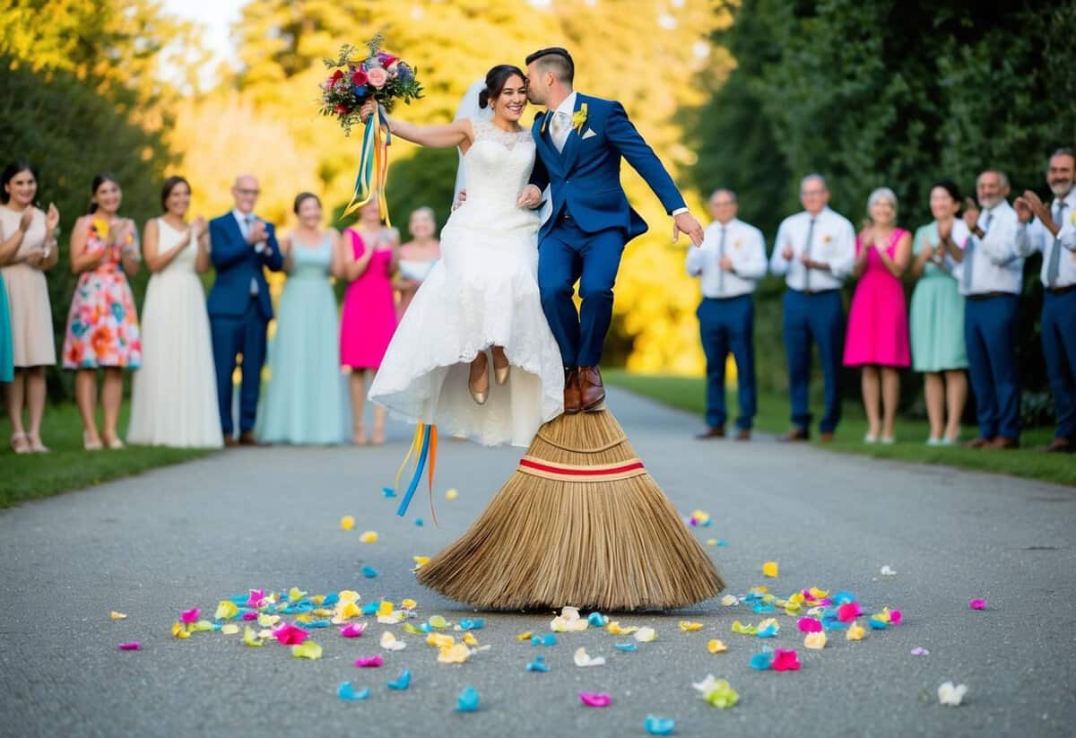 A broom lies on the ground, adorned with colorful ribbons and flowers. A couple leaps over it, surrounded by cheering wedding guests