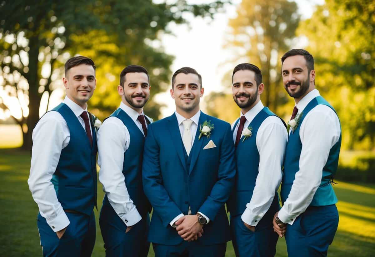 The groom's male friends stand beside him, symbolizing support and friendship