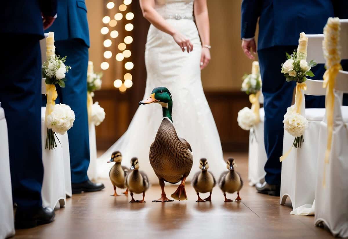 A mother duck leads her ducklings down the aisle first