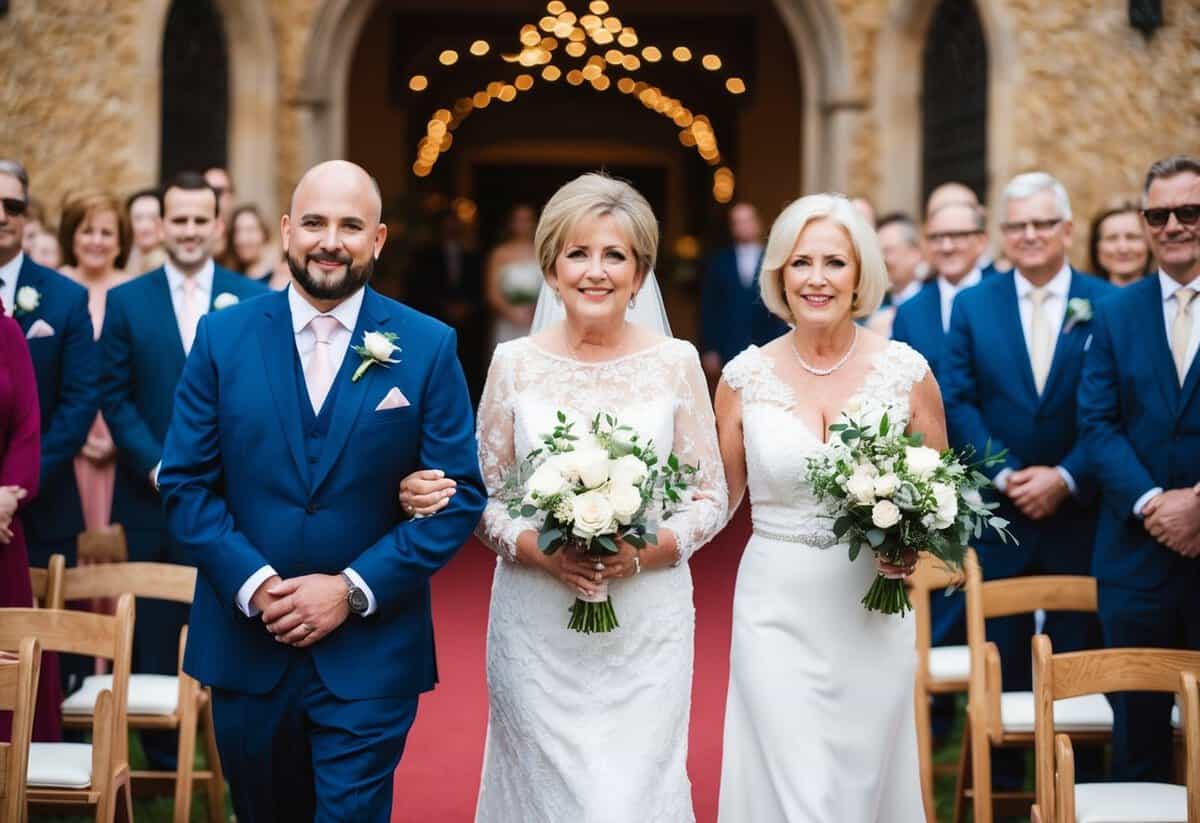 The mother of the groom walks down the aisle first, followed by the mother of the bride