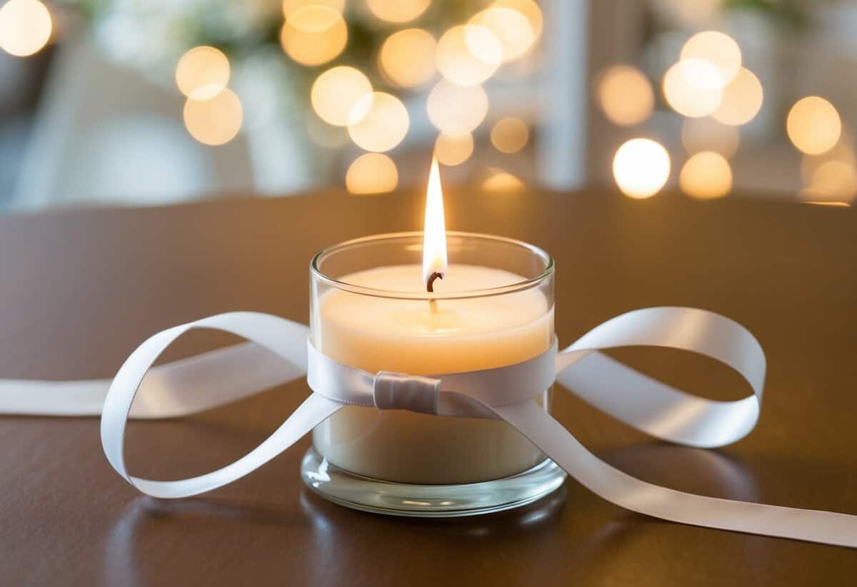 Two ribbons entwined around a unity candle, symbolizing the binding of hands at a wedding