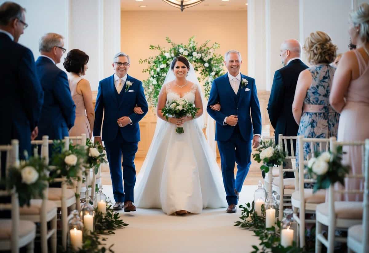 A modern and traditional processional order depicted with a mother walking down the aisle first
