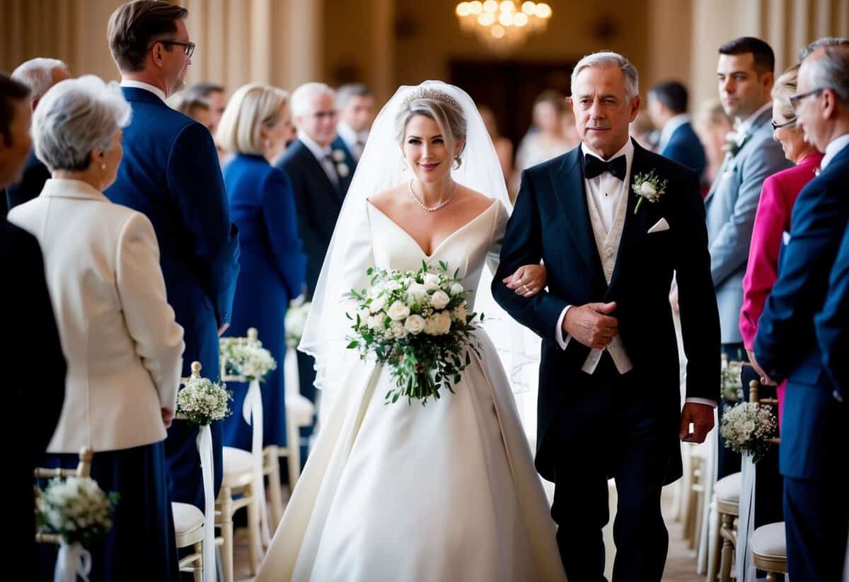 A figure in elegant attire escorts the bride's mother down the aisle