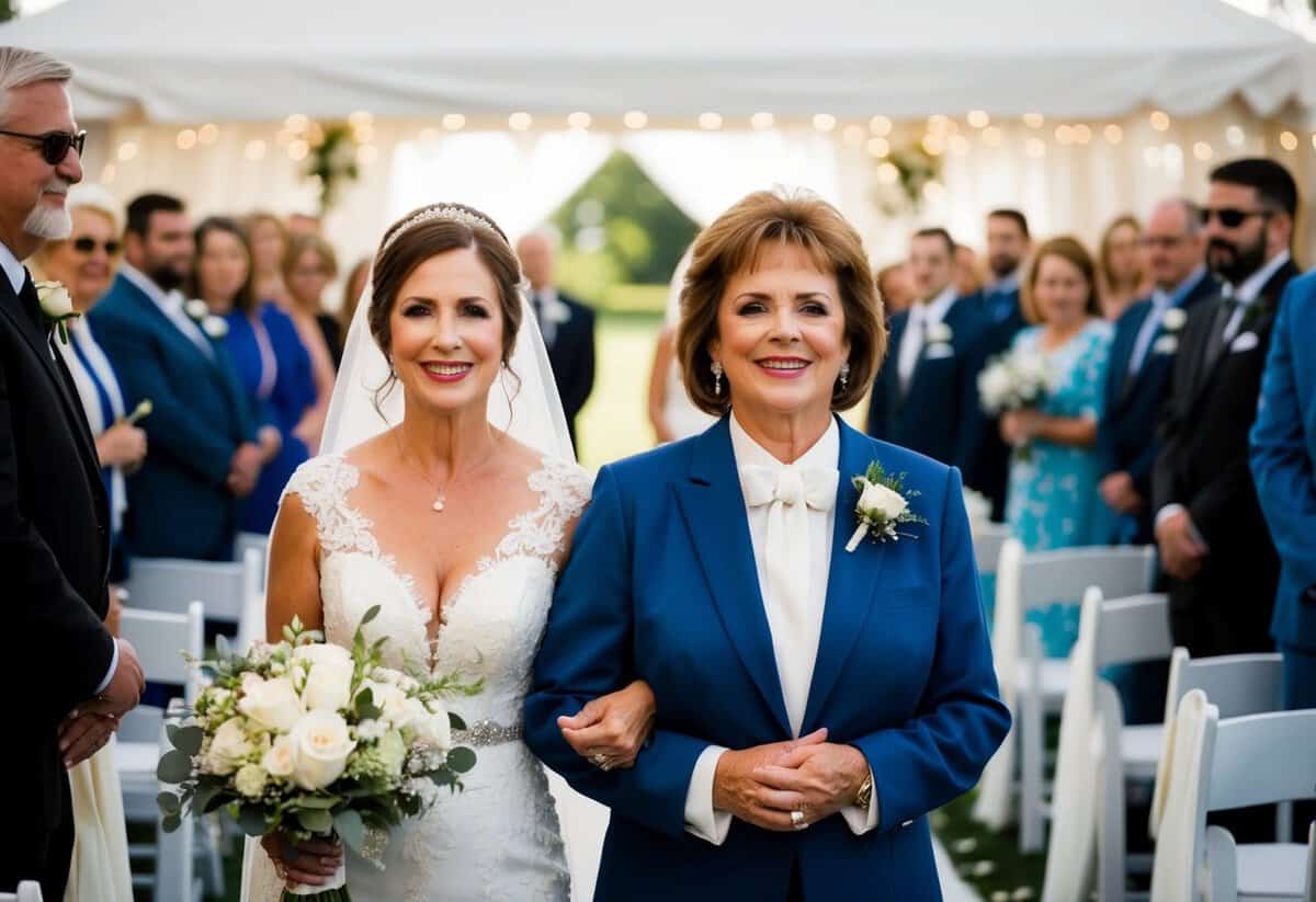The mother of the bride is escorted down the aisle by a close family member or friend during the wedding processional