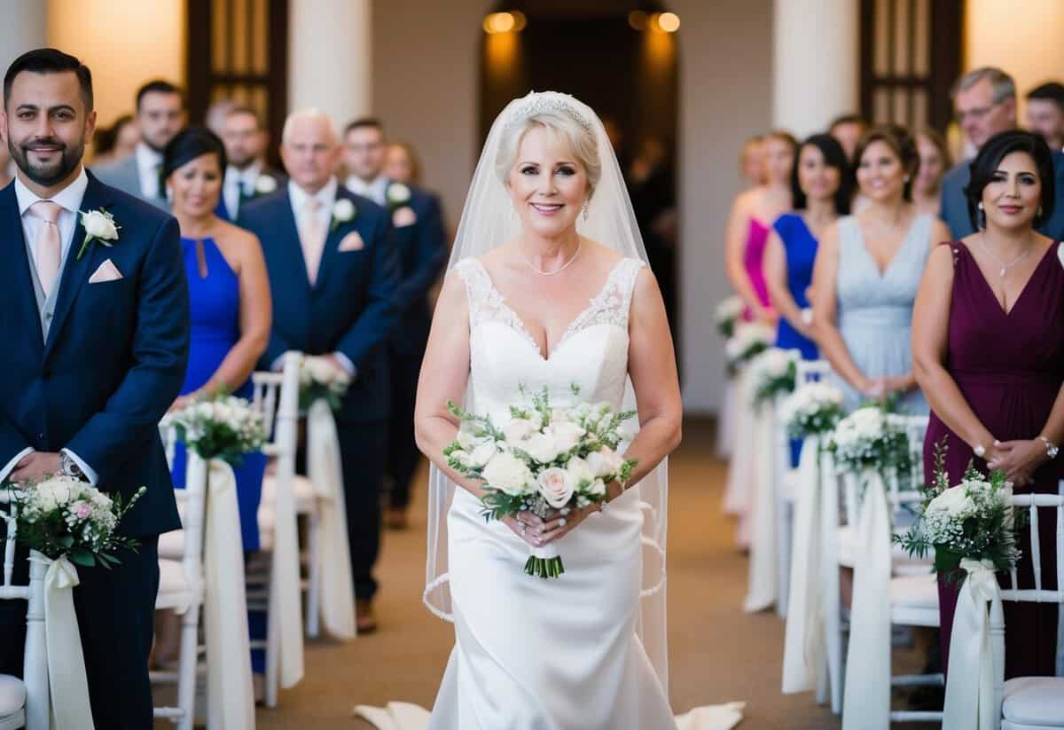 The mother of the bride walks down the aisle first, her presence radiating grace and poise as she leads the way for the wedding procession
