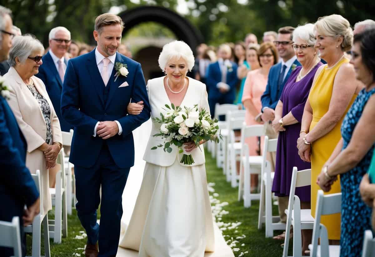 A figure leads the bride's mother down the aisle, surrounded by onlookers