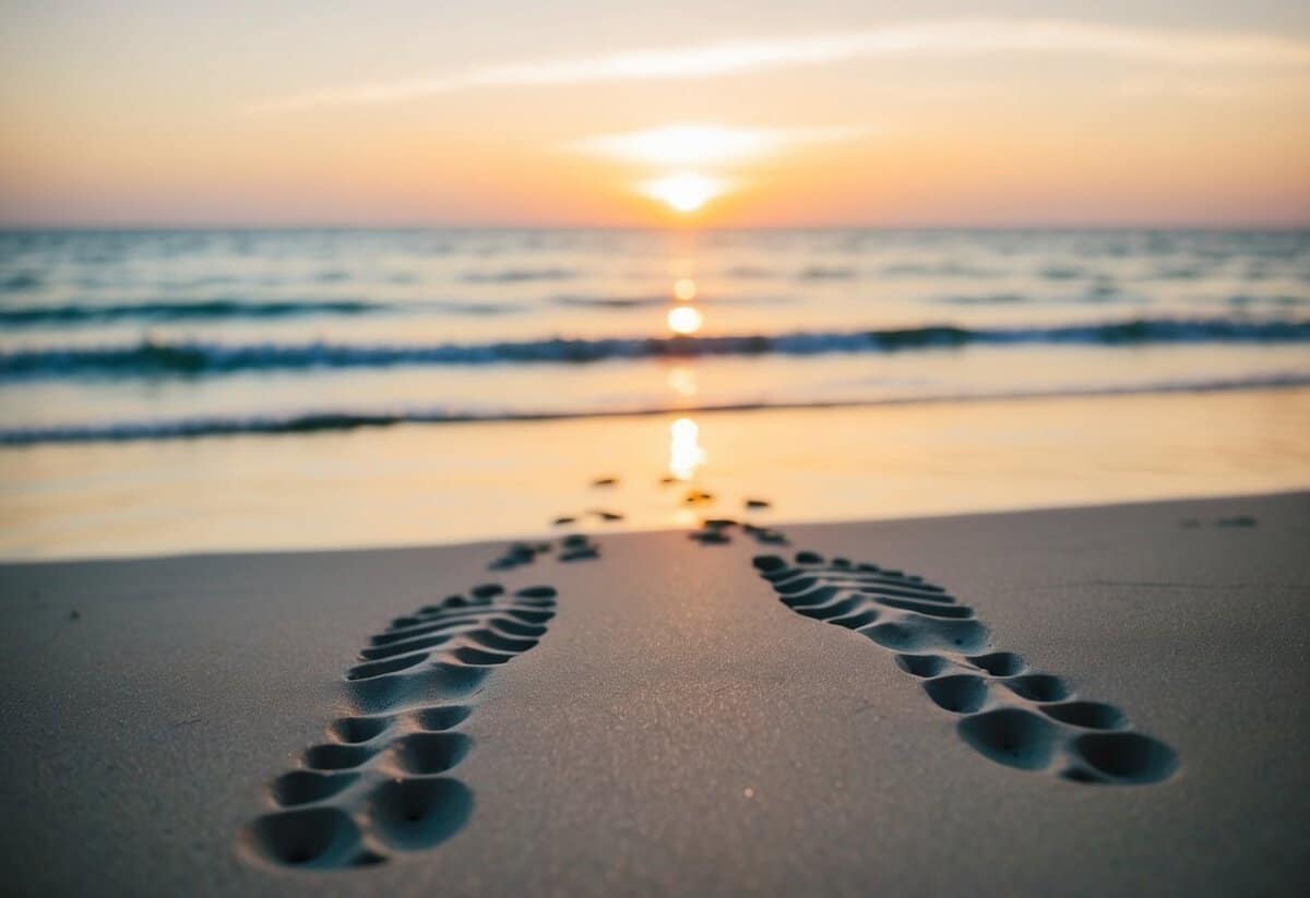 A serene beach at sunset, with two sets of footprints leading towards the ocean, symbolizing the wife's renewal vows to her husband