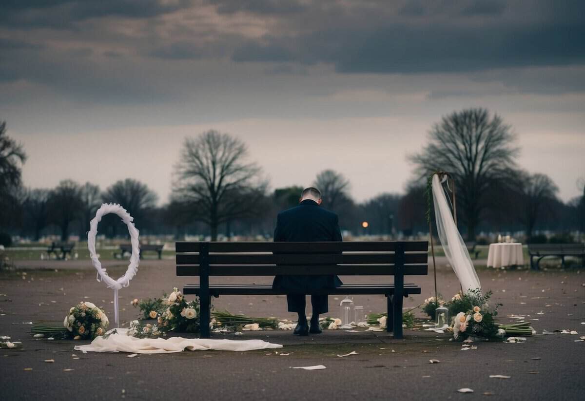 A lone figure sits on a bench in a deserted park, surrounded by wilting flowers and discarded wedding decorations. The sky is overcast, reflecting the figure's somber mood
