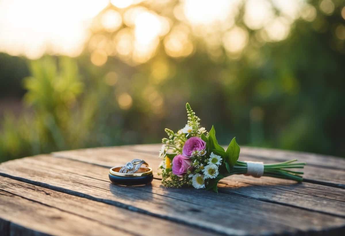 A serene outdoor setting with two entwined rings and a small bouquet of flowers placed on a rustic wooden table