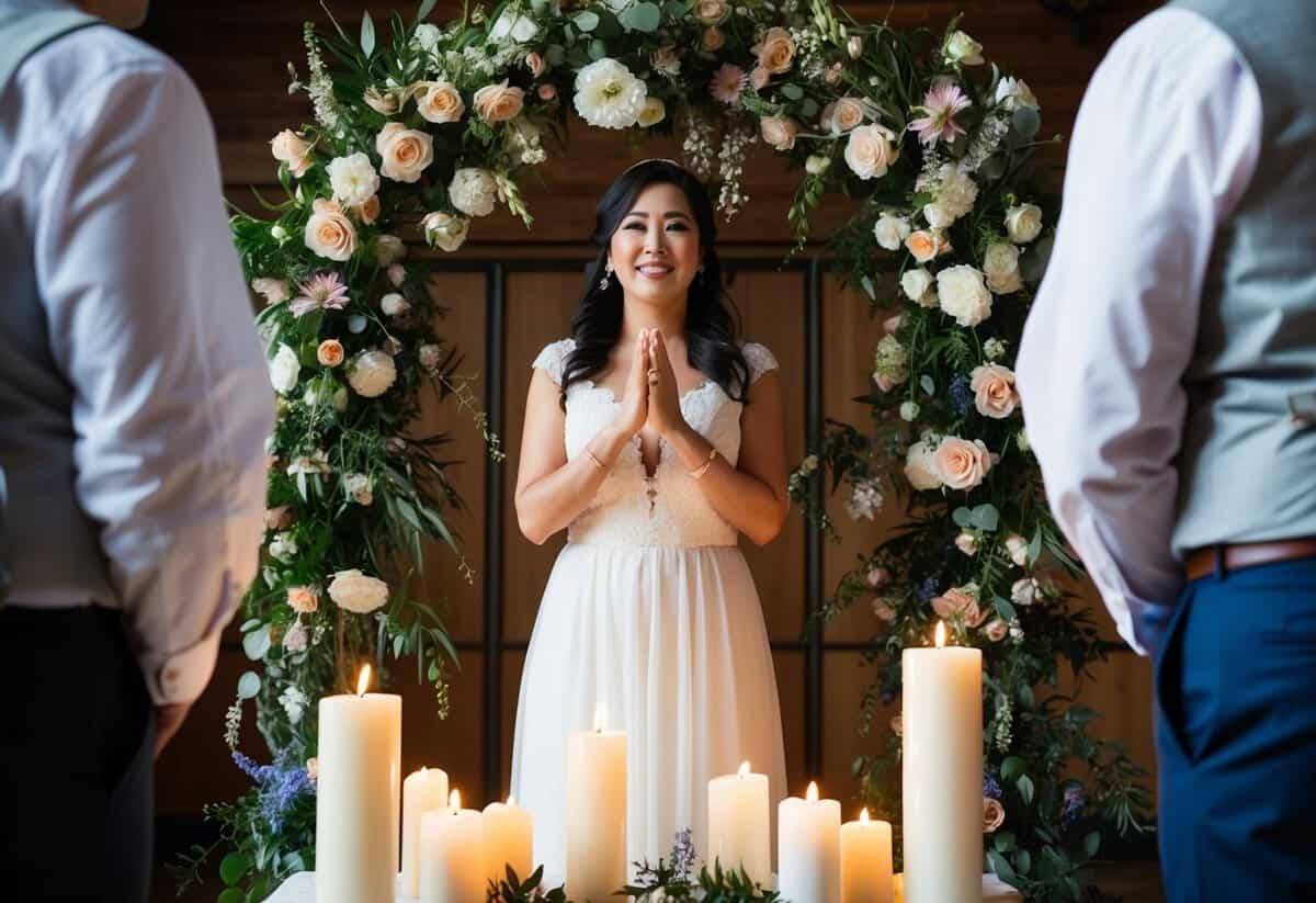 A woman standing before her husband, surrounded by flowers and candles, speaking her renewal vows with love and sincerity